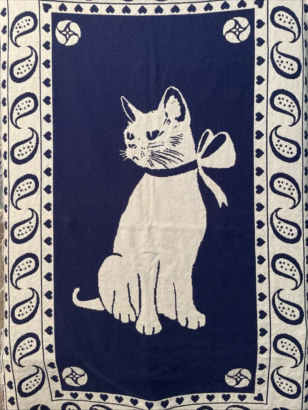 Navy & Cream Cat Print Pet Blanket - Soft Decorative Throw 65”x43” Made In Spain